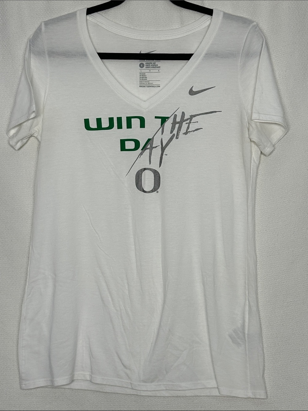 Nike White V-Neck 'Win The Day' Graphic Tee with Green & Gray Accents